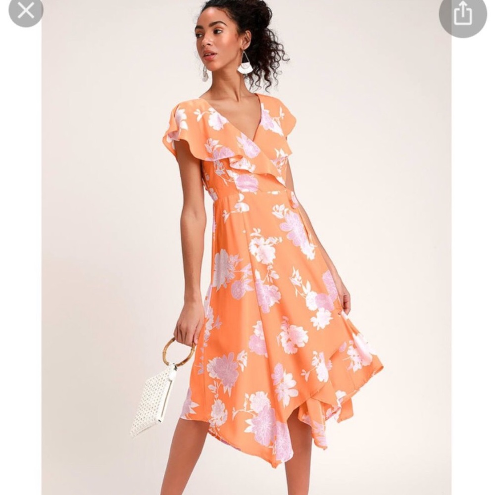 Garden of Joy Light Orange Floral Print Ruffled Wrap Dress